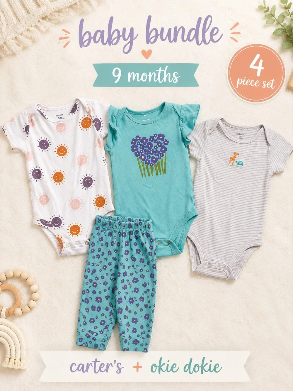 Baby 9M Clothing Lot Carter's Okie Dokie Bodysuits Pants 4 Piece Set